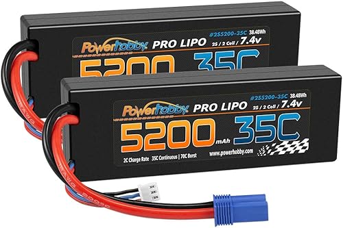 Miniatura 2 de Powerhobby - Batería Lipo de 2 celdas de 2 celdas, 7.4 V, 5200 mAh, 35c, con enchufe EC5, 2 celdas (paquete de 2)