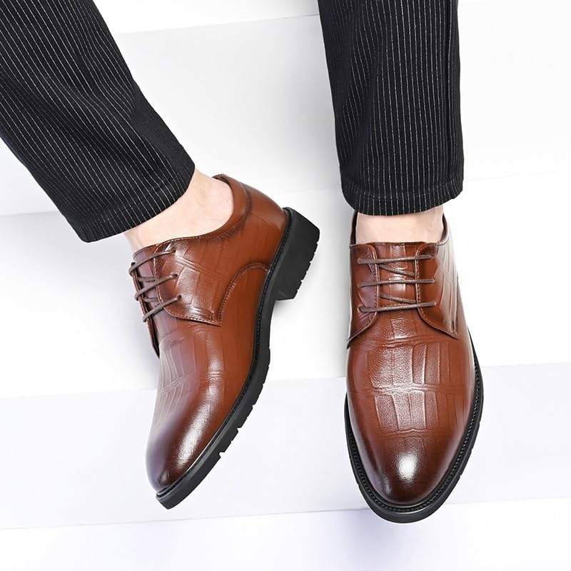Dress Formal Shoes for Men Lace Up Pointed Burnished Toe PU Leather Derby Shoes Low Top Anti-Slip Rubber Sole Classic4