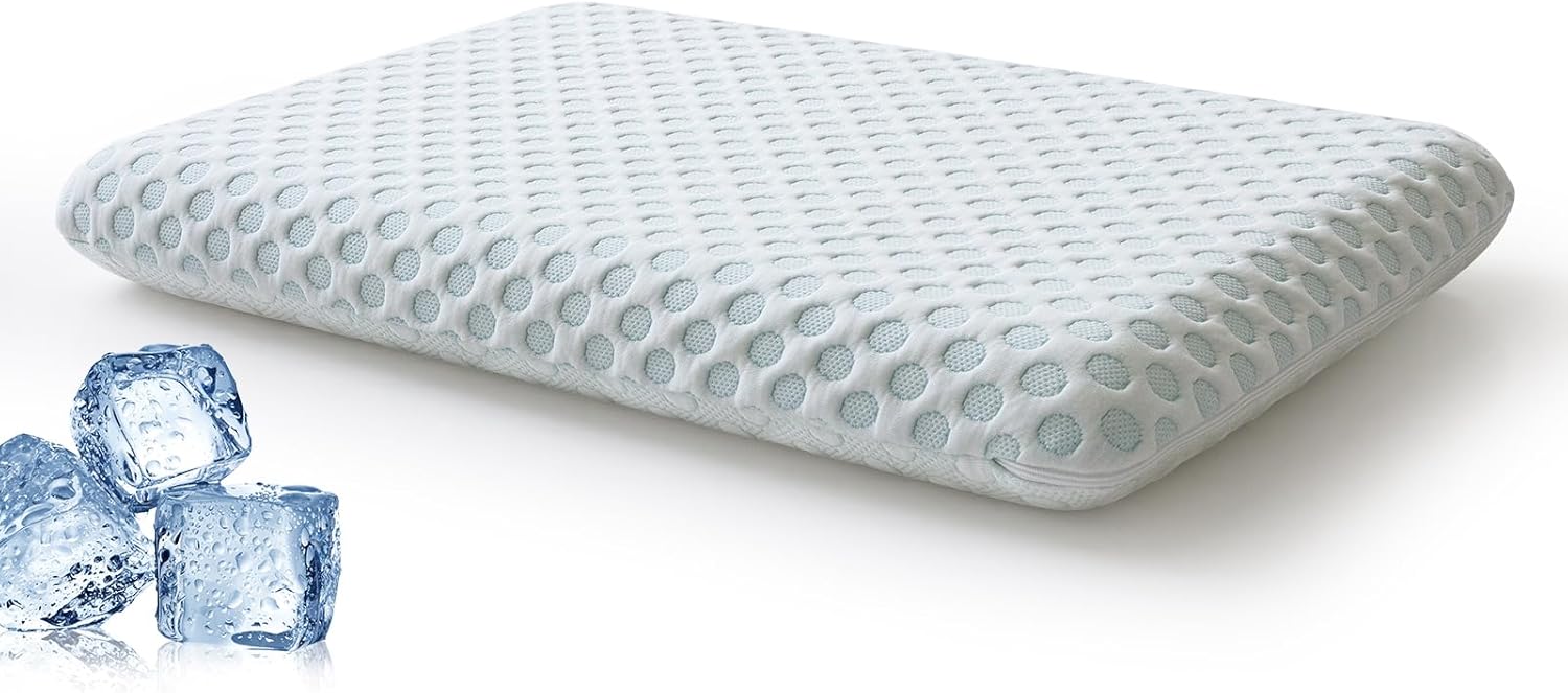 Ultra Thin Pillow 2.75" Stomach Sleeping, Cooling Flat Pillows for Side Back Stomach Sleepers, Gel Infused Memory Foam Pillows - CertiPUR-US - Standard