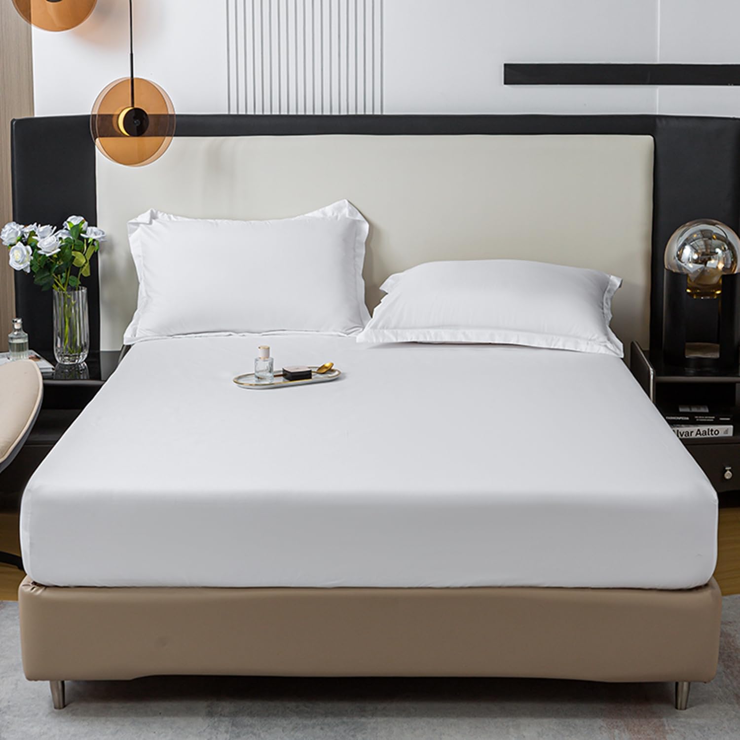 Generic Fitted Sheet with 2 Pillowcases Solid Color 10 Deep Pocket Single Bottom Bed Sheets Breathable Fully Elasticized