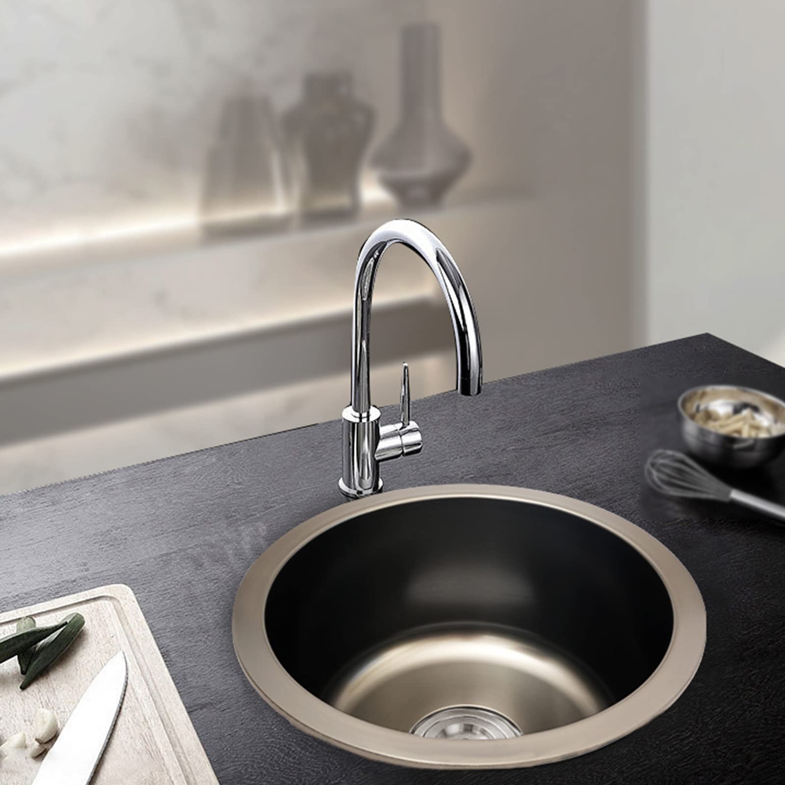 Edelstahlspüle 1 Becken 36cm Rundspüle Einbauspüle Aufbauspüle Spülbecken Klein Küchenspüle mit Ablauf-Set Einzelschlitz-Spüle für Küchen Bäder Studios