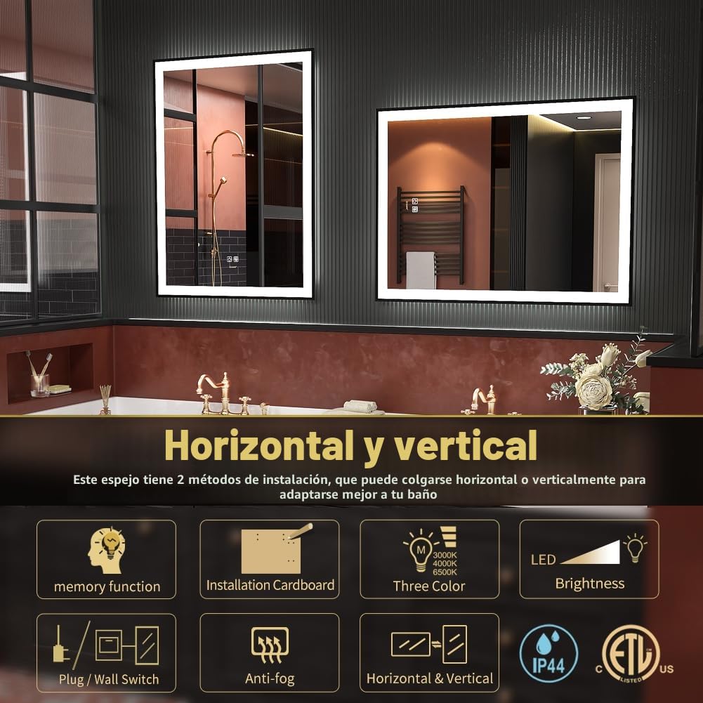 GANPE Espejo de baño LED, Espejo de tocador de Maquillaje montado en la Pared, Espejo Iluminado Moderno Grande, antiniebla+IP44 Impermeable+Vertical y Horizontal (80 x 100 cm)