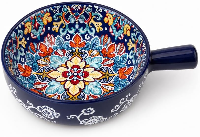 BOHE Soup Bowls with Handles, 23 Oz French Onion Soup Bowls Oven Safe, Bohemian Ceramic Soup Crocks for Cereal, Pasta, Beef Stew, Chilli, Microwave Dishwasher Safe-6.2 inch (Dark Blue)