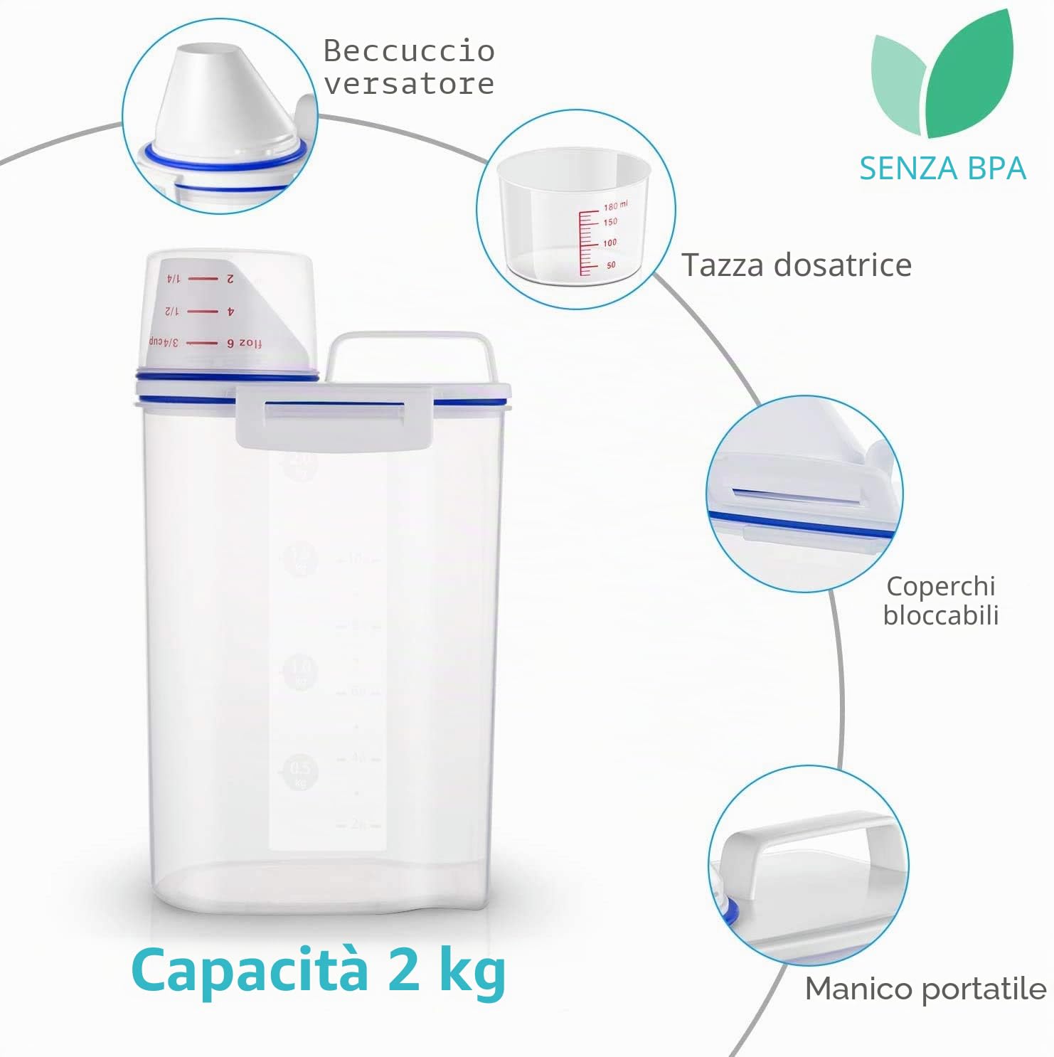 Contenitore per alimenti da 2 l, piccolo contenitore portatile per riso con misurino, in plastica senza BPA, con beccuccio per versare, per fagioli, farina, cibo per animali domestici
