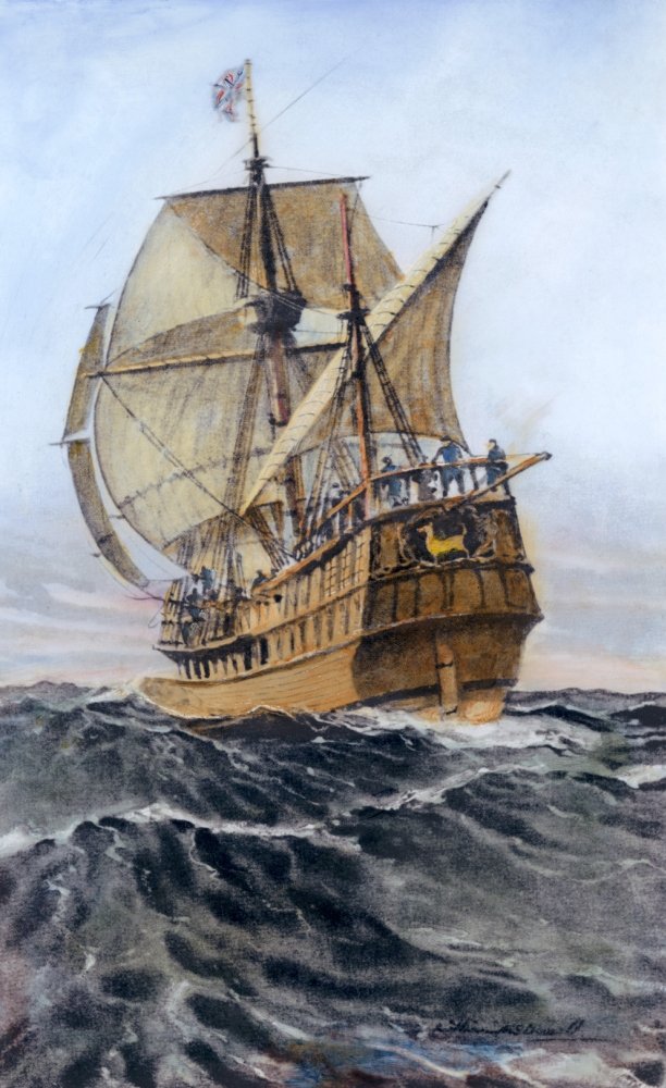 Francis Drake (1540-1596) Nenglish Naval Commander DrakeS Ship The Golden Hind After A Painting By William Mcdowell (1888-1950) Poster Print by (18 x 24)