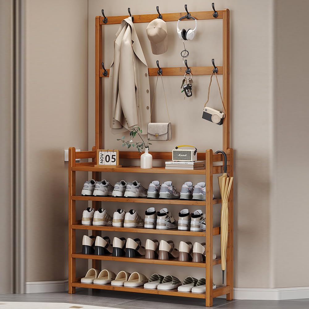Bsthok Black Shoe Rack -5 Bstho Shoe Rack Coat Rack Hallway Storage Stand Freestanding Contemporary Iron For Space-Saving Footwear Storage And Organization Closet Or Entryway Display. Durable Shoe Organizer Shelf (Nature)