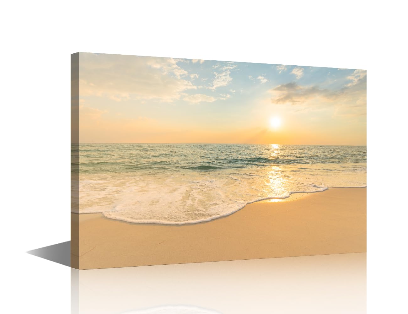 Soft Sea Waves And Bubbles on the Beach With Sunset Sky Background Nature Seascape Picture Artwork Framed Ready to Hang for Home Office Bedroom Living Room Bathroom Kitchen Wall Decor (12"Wx18"H)