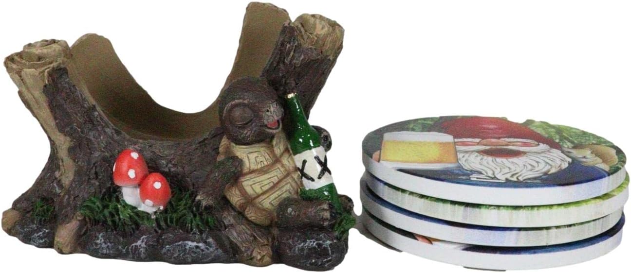 Ebros Gift Whimsical Life of The Party Drunkard Gnome and Wasted Turtle Tortoise Sleeping by Toadstool Mushrooms Forest Coaster Set Holder and 4 Graphic Ceramic Coasters Decorative Kitchen Bar Accent