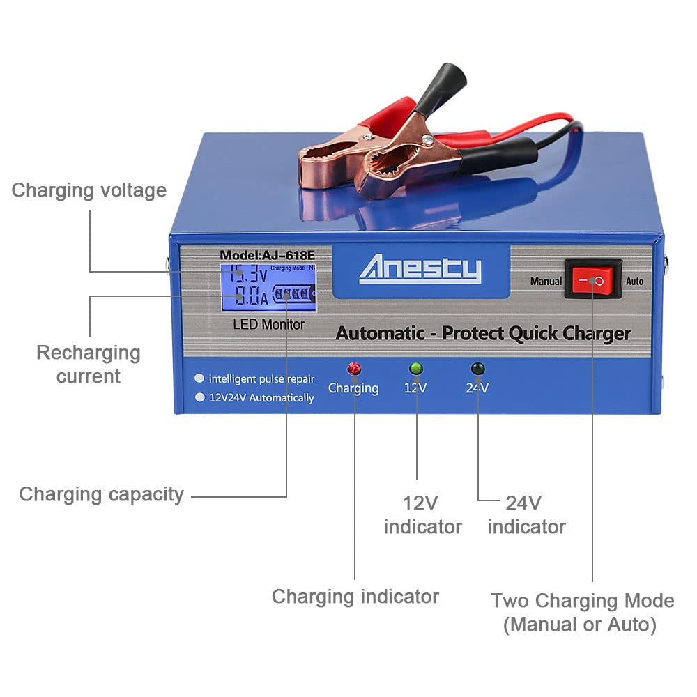Caricabatteria per auto, unità di ricarica automatica per batteria da 12 V/24 V, monitor intelligente per mantenere il caricabatterie con schermo LED, ideale per vari veicoli, furgoni, trattori