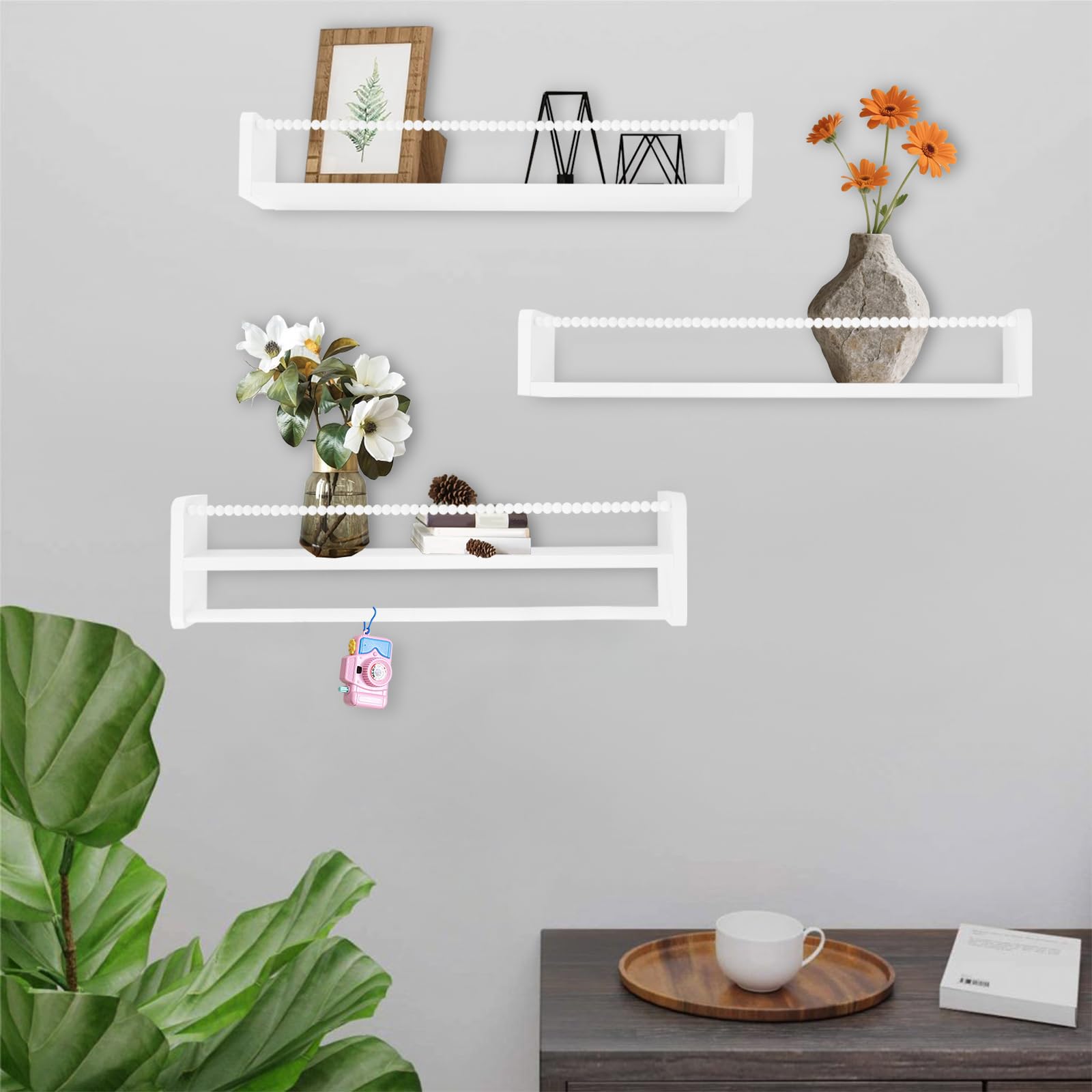 Juego de 3 estanterías infantiles de 58 cm, estantes flotantes de madera con barreras de perlas de madera, para salón, cocina, dormitorio, color blanco