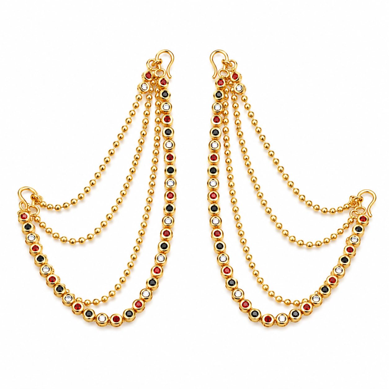 Traditional 3-Layer Ear Chains (Mattal) with sparkling round multi colour stones | Champaswaralu Kaan Chain for Heavy Jhumka Support | Artificial Indian Bridal Hair Accessories(Multicolor)-image-45