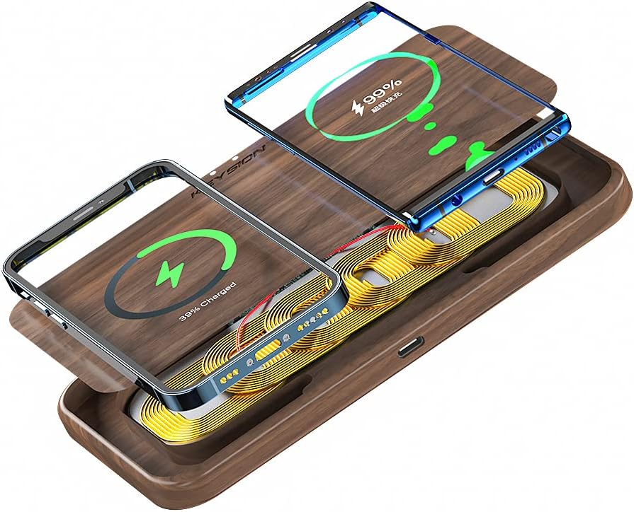 KEYSION Walnut Wood Wireless Charger, 7.5W Compatible for iPhone 12 Pro Max 11 XR Xs Max XS 8 Plus, 10W Qi Quick Charge for Galaxy S21 S20 S10 Note 20 Ultra 10, Xiaomi, Huawei,ECC