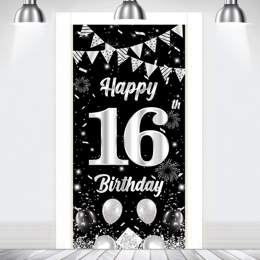 16th Birthday Decorations Door Banner Backdrop for Boys Girls Black Silver Birthday Decorations 16 Years Old Door Banner Background Outdoor Indoor Party Supplies Photo Props Booth Decor 180x90cm