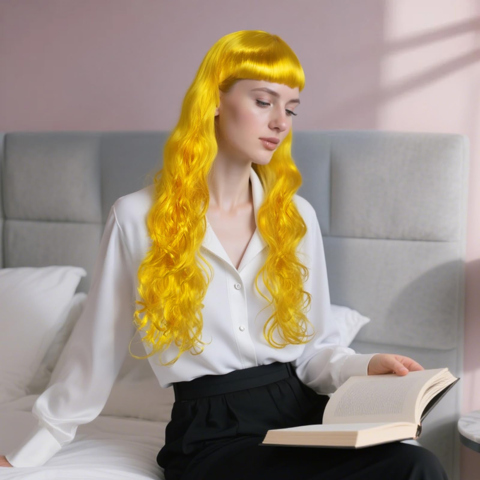 BEKIDER (+Hair Cap) Long Wavy Yellow Wig with Bangs Womens Yellow Curly Wig Cosplay Synthetic Wigs for Halloween Cosplay Fancy Dress Wigs Daily Party Outfit - Image 3