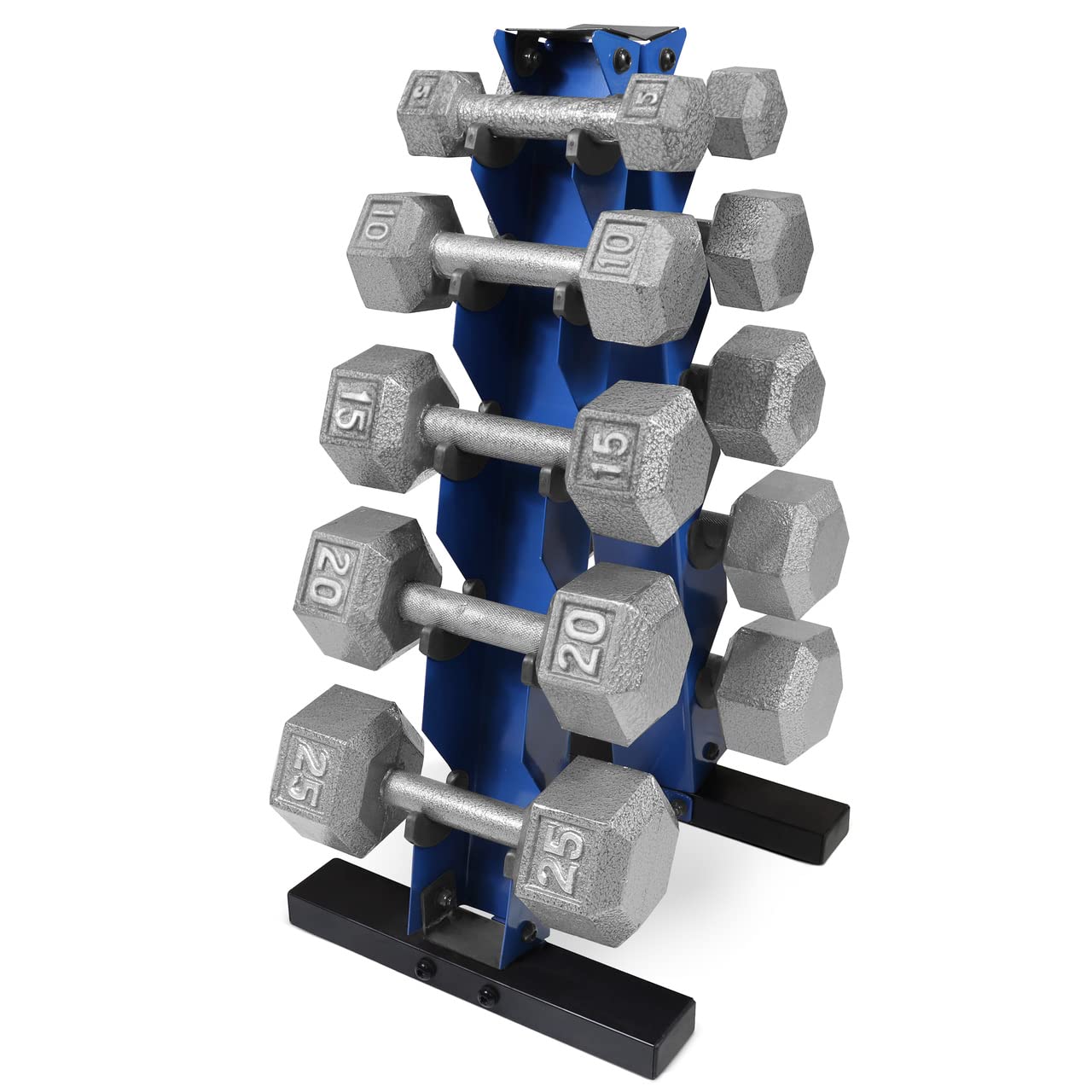 WF Athletic Supply 5-25 Lb Cast Iron Dumbbells Set with A Frame Storage Rack Solid Gray Black Hexagon