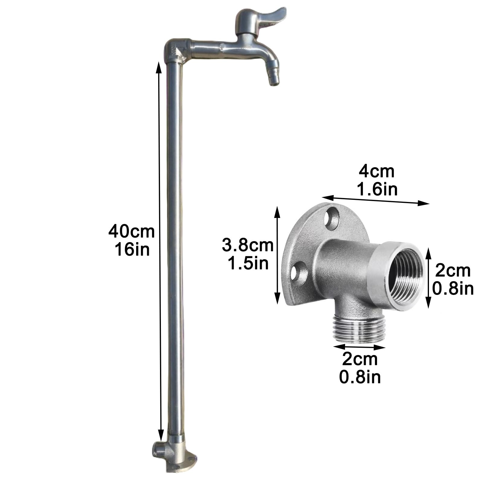 Grifo de jardín para exteriores - Hidrante de agua de acero inoxidable 304 resistente a la intemperie para riego y lavado, diseño vertical de 40 cm/16 pulgadas - Duradero y resistente a la corrosión