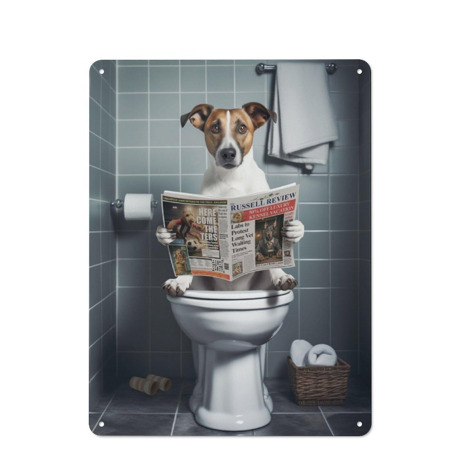 Retro Dog Reading Newspaper on Toilet-1 Metal Sign 40x30cm, Classic Pub Decor for Cafe, Pub, Workshop Or Home Bar, for Casual British Interiors