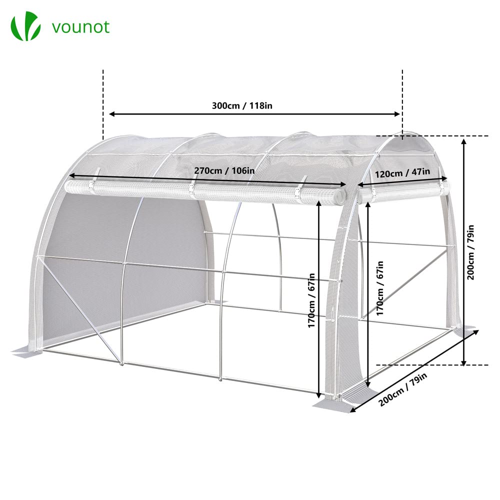 VOUNOT® Gewächshaus Foliengewächshaus, Seitenwände Aufrollbar Winterfest, Tomatenhaus Folientunnel, 3x2x2m 6m², Weiß