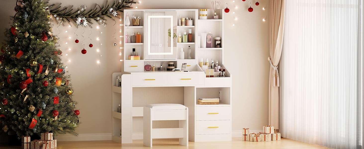 Toeletta Trucco BEWISHOME Con Specchio LED | 3 Luci Regolabili, Sgabello E Ripiani | Moderna In Bianco | Per Camera Da Letto - Foto 8