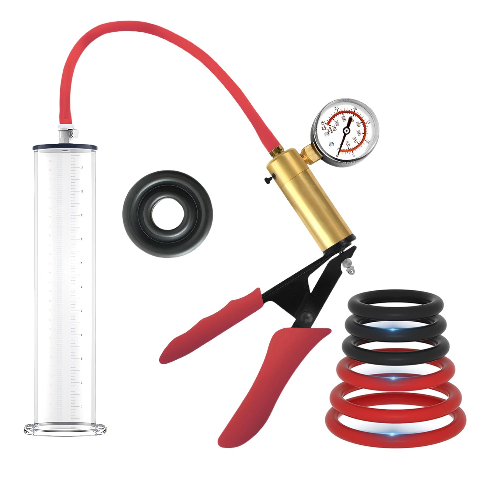 Penispumpe Sexspielzeug Manuelle Penies Pump mit 6 Penisringen Penis Extender mit Manometer und Skala Vakuumpumpe für den Mann mit Metallgriff Penis Pumpe für Pension Vergrößerung (6.35cm)