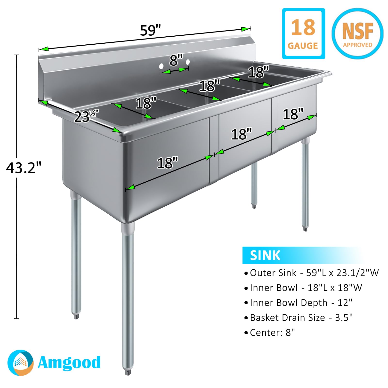 Three Compartment Stainless Steel Commercial Kitchen Prep & Utility Sink | Bowl Size 18