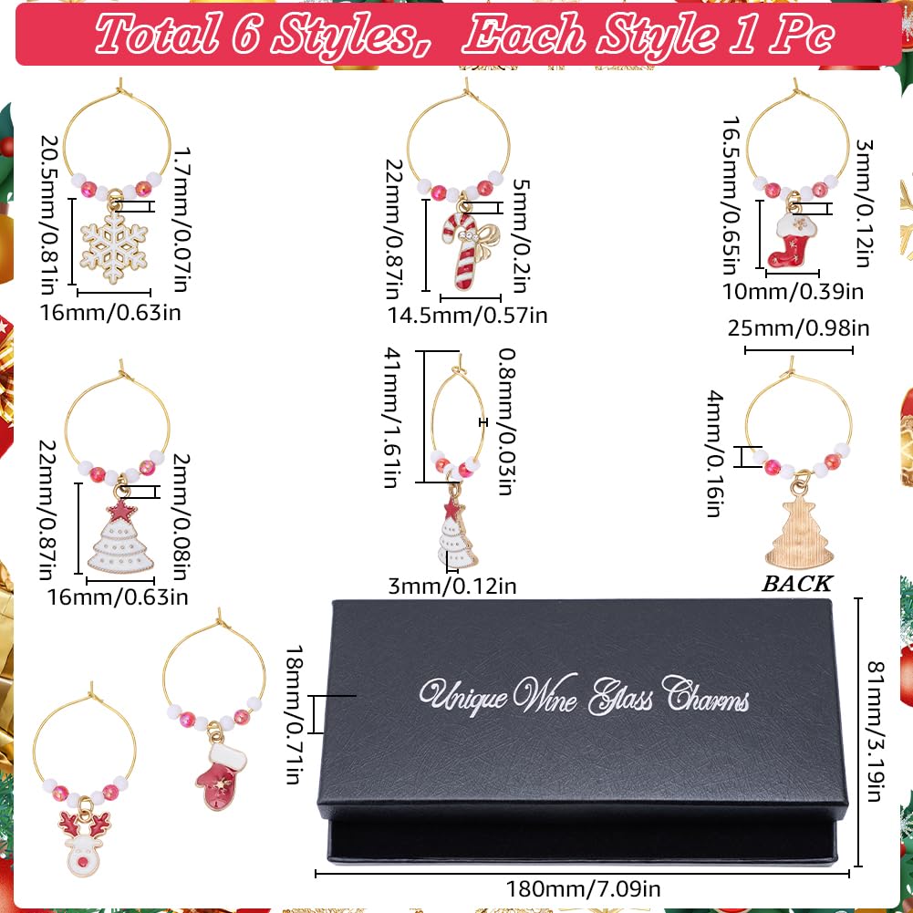 SUNNYCLUE 1 Box 6pcs Christmas Wine Bottle Charms Wine Glass Drink Charms Funny Red Gold Deer Stock Tree Charm Bulk for Champagne Party Favors Stem Glasses Wedding Birthday Home Decor Family Gathering