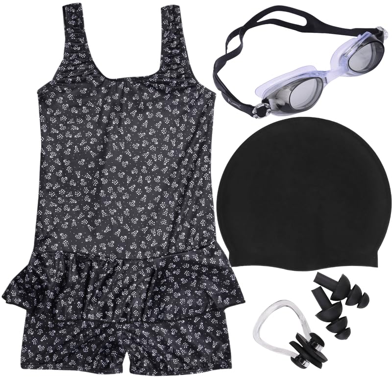 LEBAMI Girls Swimming Kit with Swimming Costume Swimming Goggles Silicone Swimming Cap Ear Plug and Nose Plug (Black) (B0B6JDW8JZ) Amazon Price History, Amazon Price Tracker