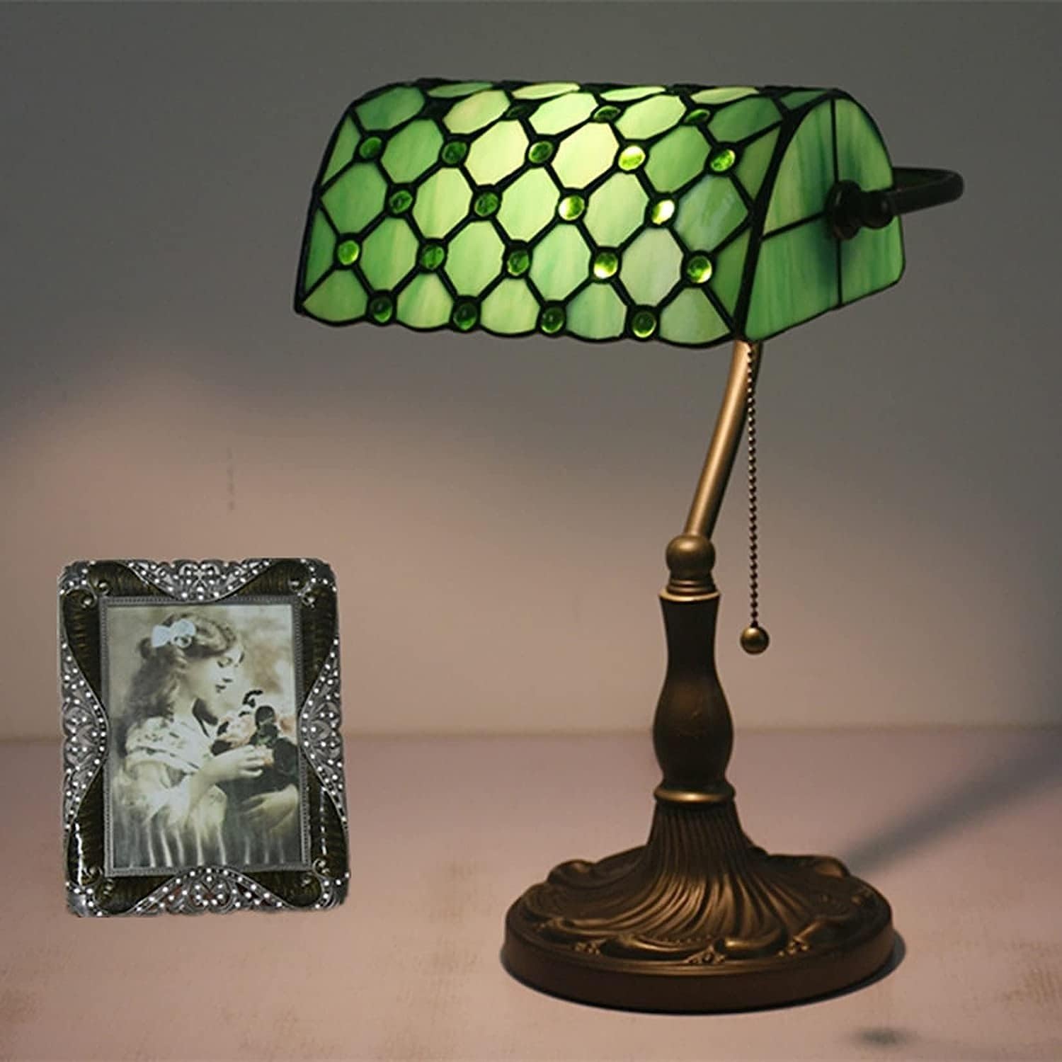 Bankier's Tischlampe, farbige Glaslampe, Kristallperlenschreibtischlampe, Schlafzimmer in der Nacht Leselampe (Emerald Green Glass Perlen Schatten) Innovate