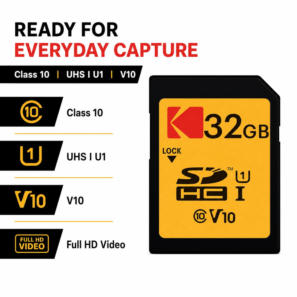 Kodak Lot de 2 cartes mémoire SDHC UHS-I Classe 10 32 Go avec lecteur de carte USB Focus