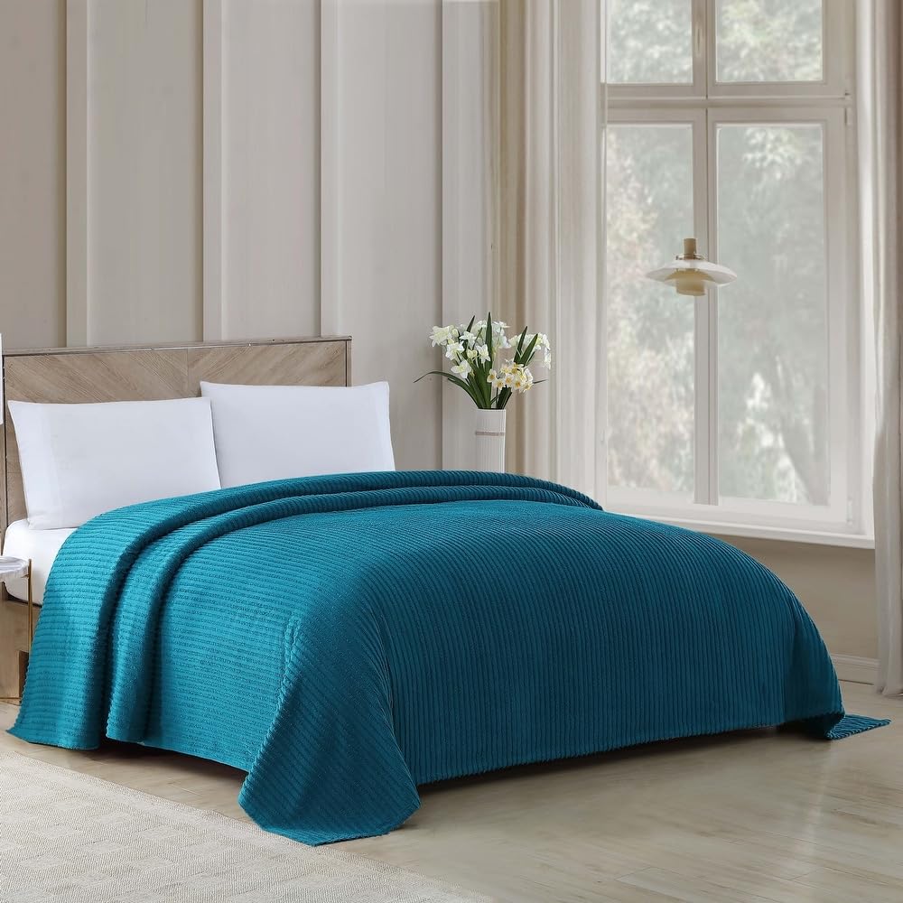 1 Piece Lightweight 100% Cotton Tufted Chenille Bedspread Twin Size Textured Channel Stripe Design | All Seasons Teal Blue Color Shabby Chic Bedding Western Aesthetic Look Soft Plush Cozy