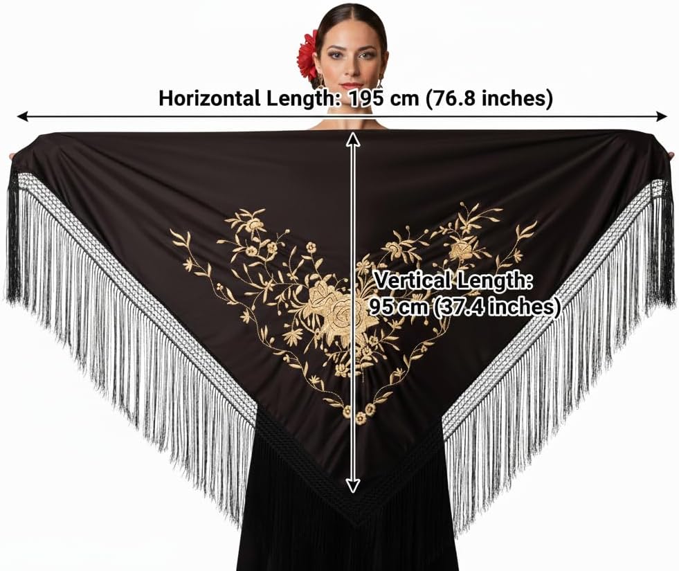 AMINA Black Flamingo Shawl with Fringe - Gold Embroidery on One Side - Large 190 x 90 cm - Image 2