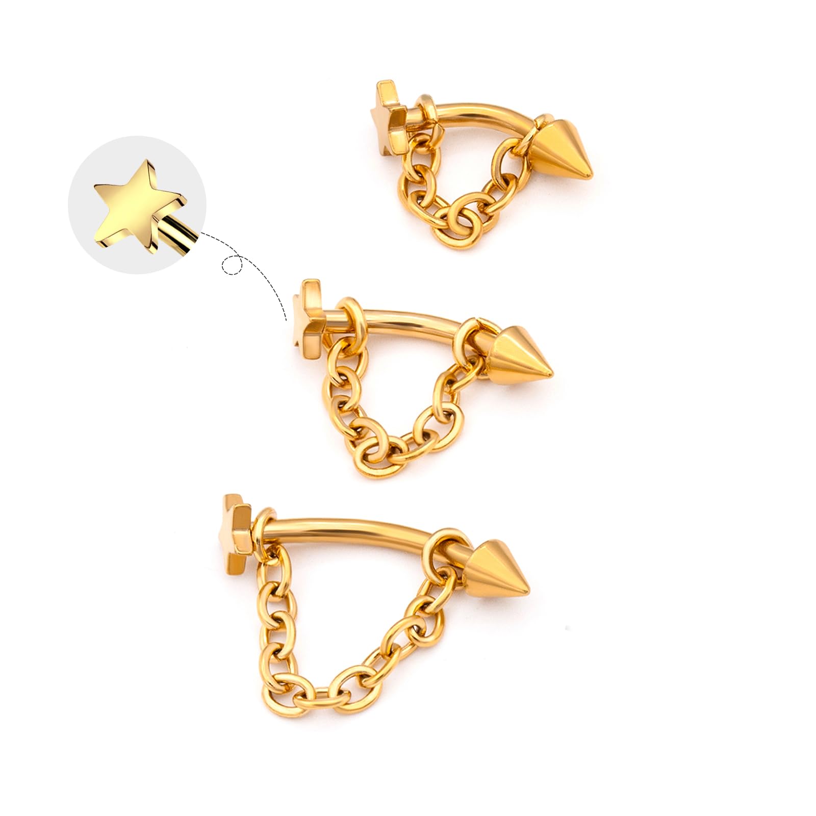 3 Pcs 316L Stainless Steel 16G Tragus Helix Rook Piercing Jewelry with Chain, Cartilage Earrings for Women, Belly Button Ring Vertical Labret Lip Piercing Jewelry