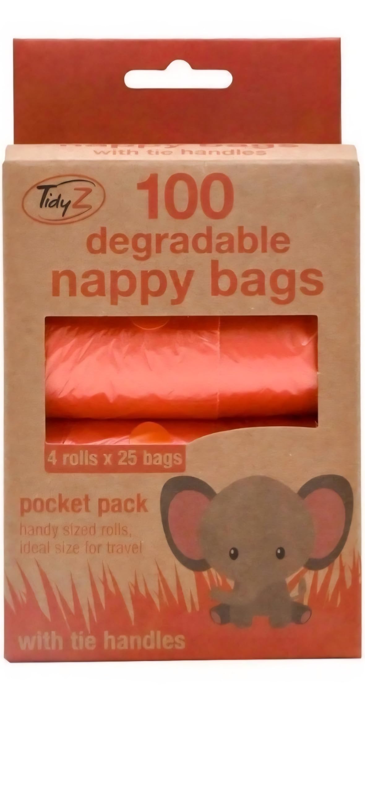 200 Large degradable nappy bags with tie handles - 4 pocket size rolls of 25