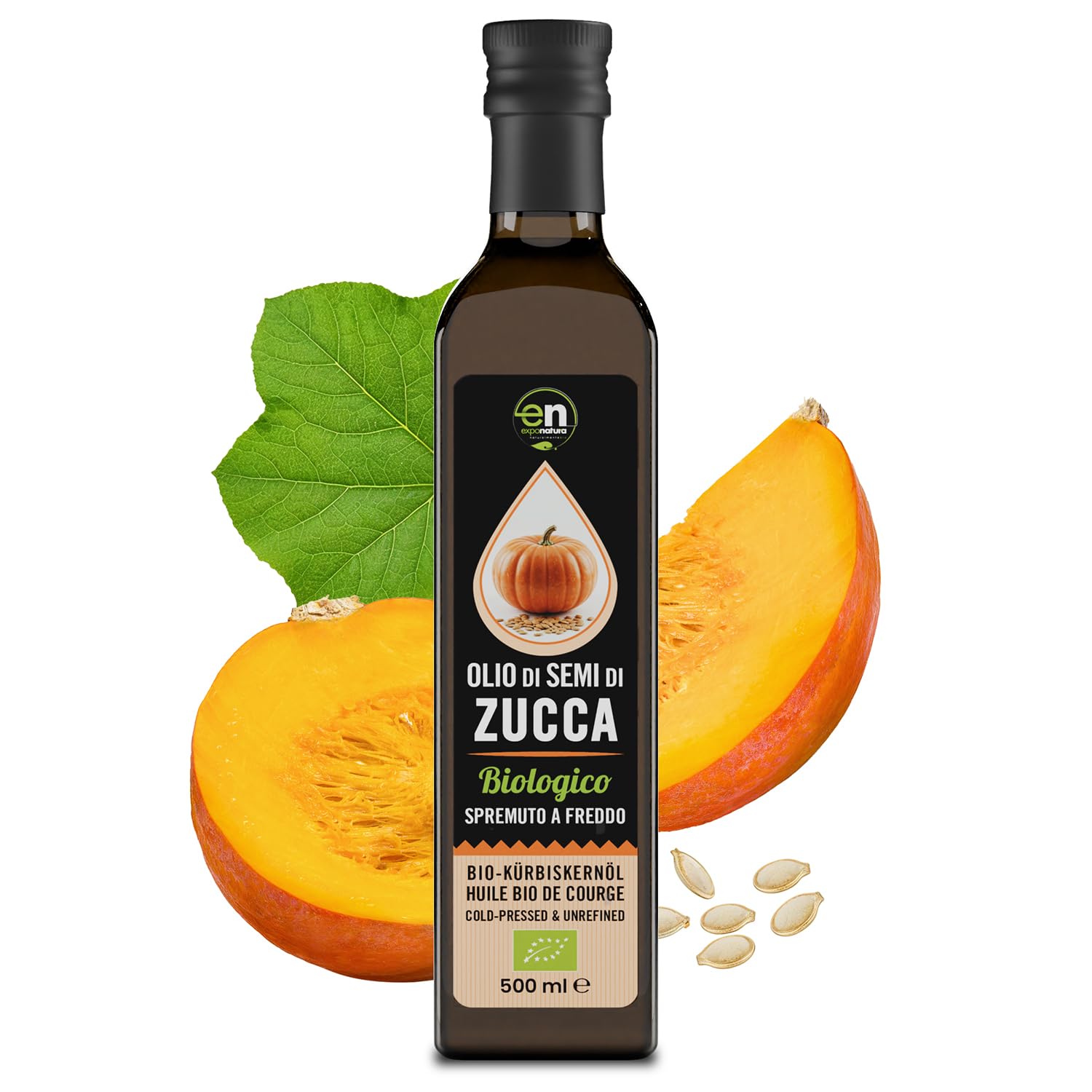 Exponatura Huile de Pépins de Courge Bio 500ml - Pressée à Froid et Riche en Oméga 6 et Vitamine E - Goût Intense et Toasté - Huile Végétale Vierge pour Assaisonnement à Cru