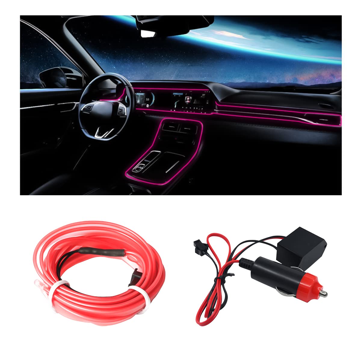 EL Wire Car Interior LED Strip Lights, 16FT Neon Light with Sewing Edge for Auto Cigarette Lighter, Electroluminescent Ambient Lighting Kits with Fuse Protection, Car Decoration Accessories (Pink)