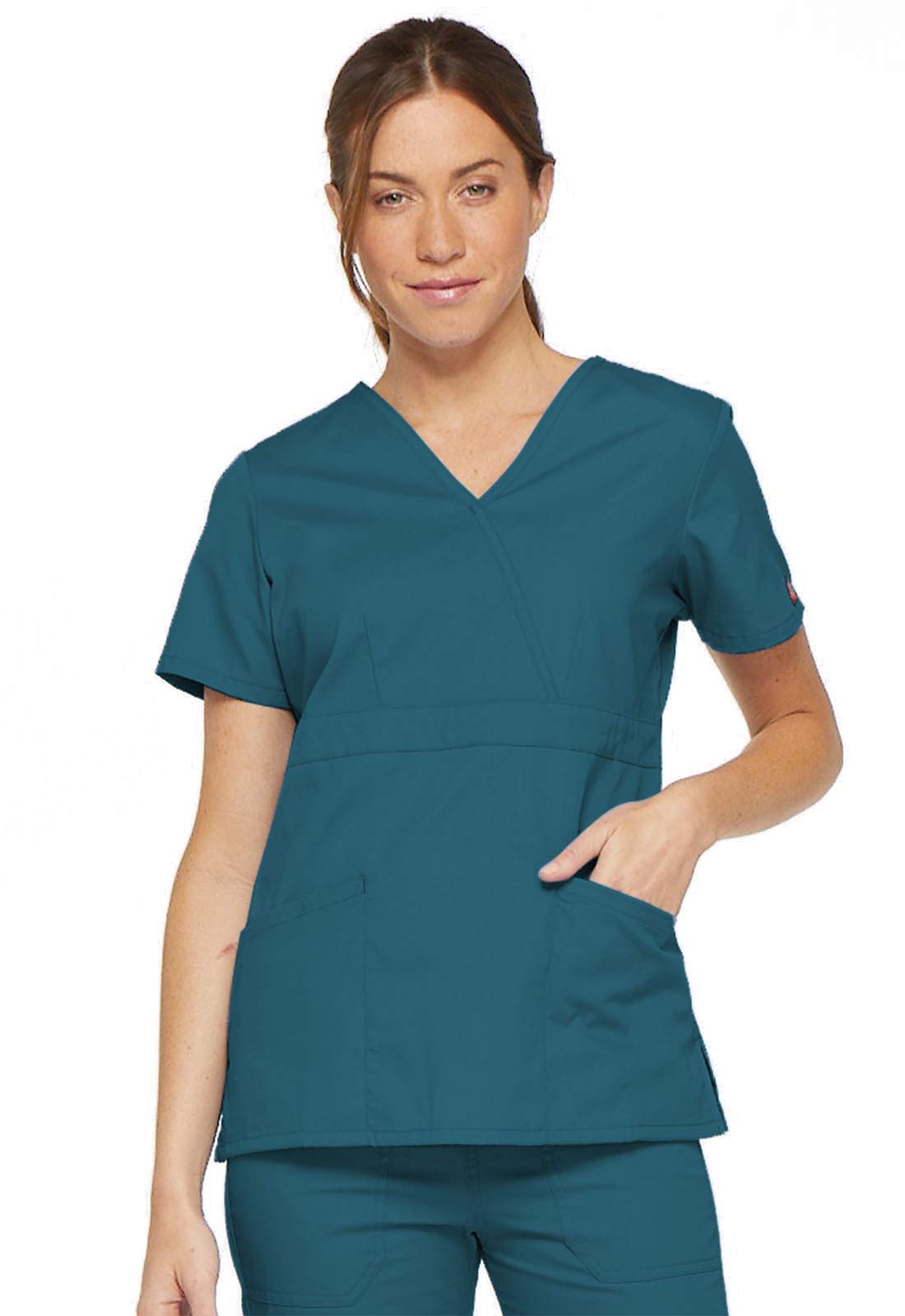 Dickies womens86806Eds Signature Mock Wrap Top with Multiple Instrument Loop Short Sleeve Medical Scrubs Shirt - Blue - Small