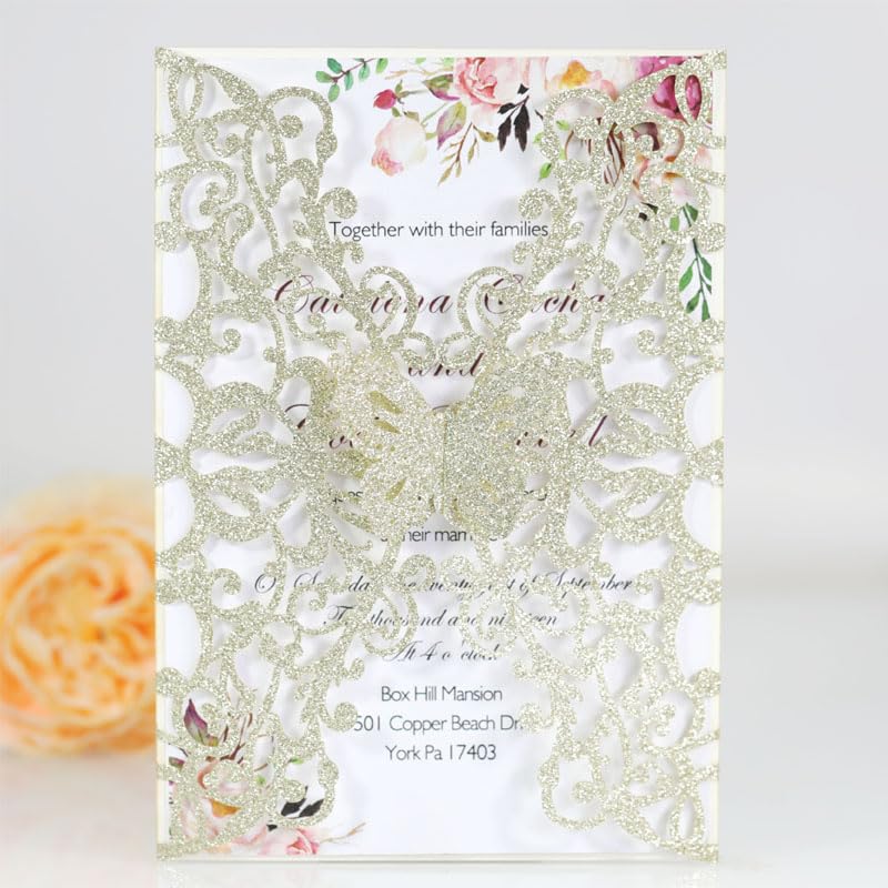 Invitaciones Boda 10/20/50 piezas de tarjetas de invitación de boda con diseño de mariposas, tarjetas de invitación con purpurina for fiesta de cumpleaños, tarjetas de felicitación(Rose Pink,10pcs)