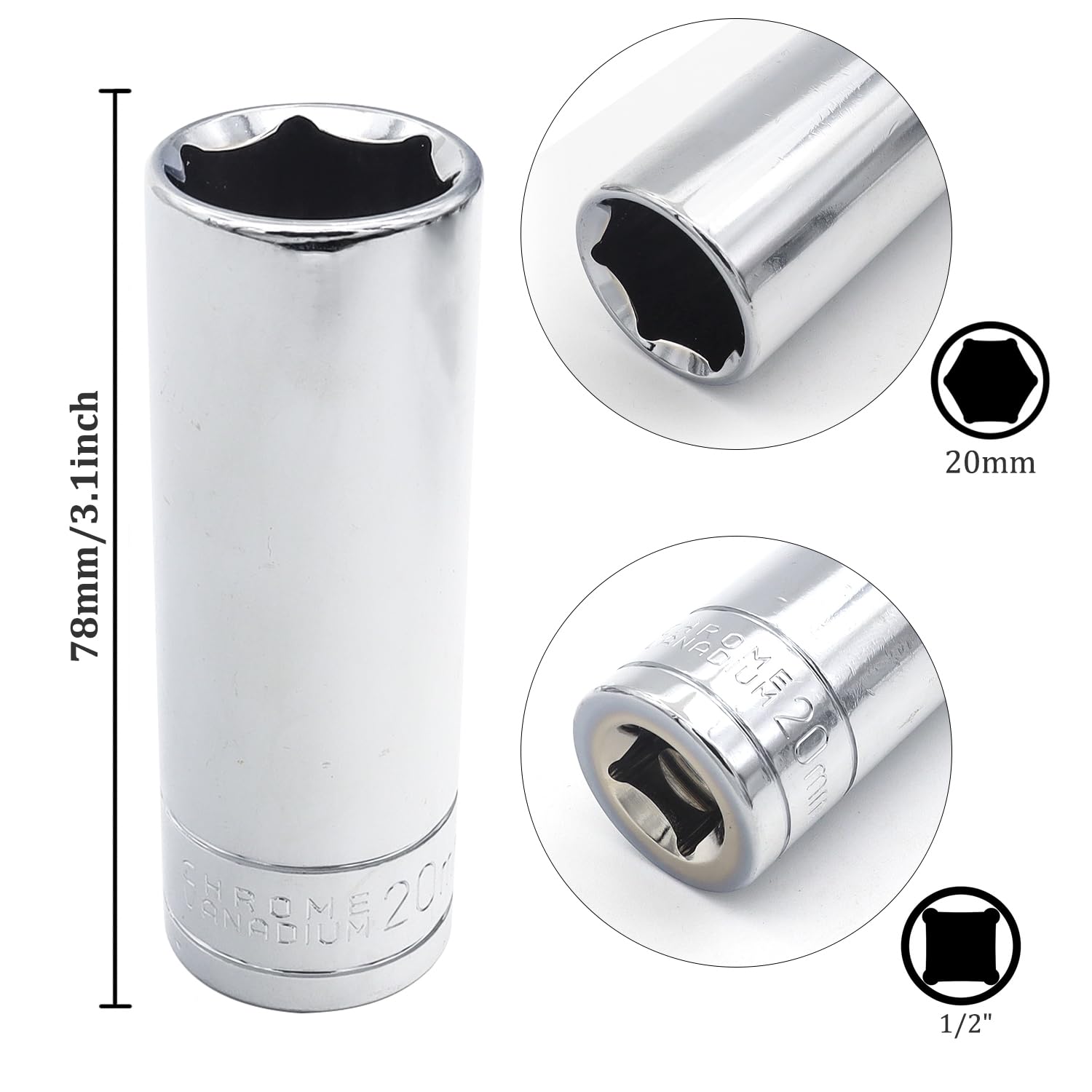 Juttzzei 6-Point Deep Socket, 1/2 Inch Drive 20mm Socket - Image 2