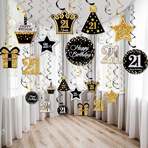 Image of Frienda 30 Pcs 21st Birthday Decorations for Him Black Gold Glitter 21st Birthday Foil Swirls Party Supplies Hanging Swirls Ceiling Decor for Her Men Women 21 Year Old Party Supplies