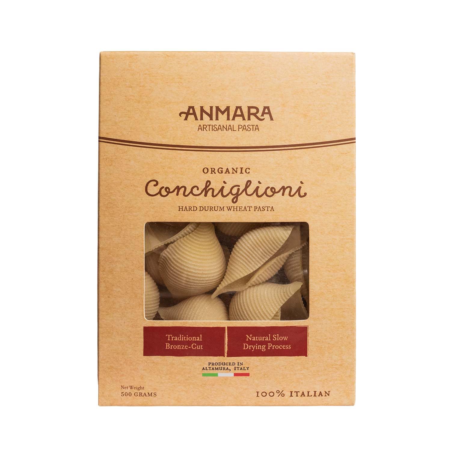 Anmara Organic Conchiglioni Hard Durum Wheat Pasta 500g | GMO-Free Ingredients | Made with Traditional Slow Drying Process