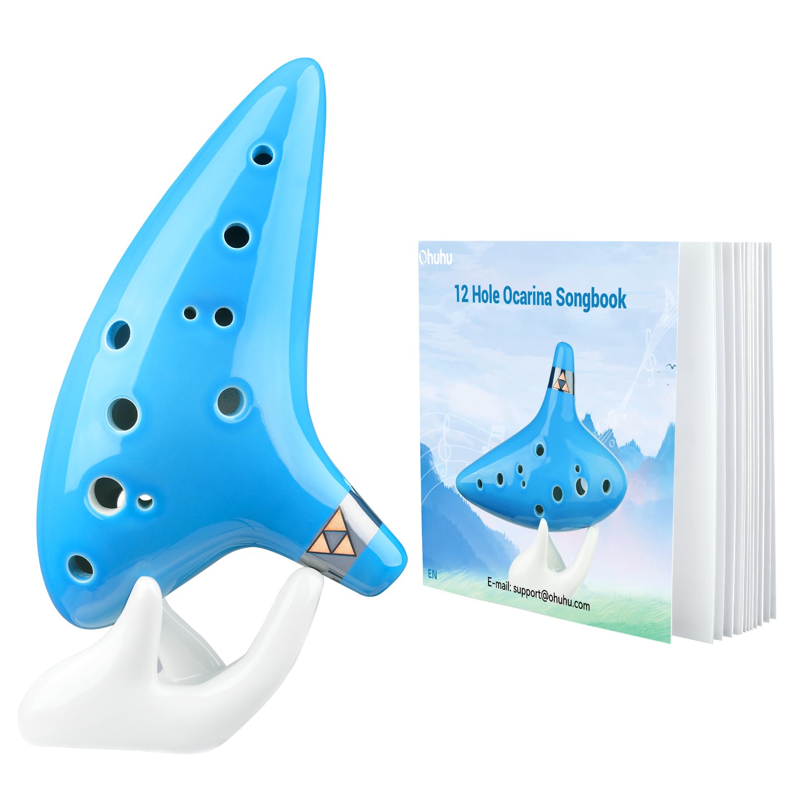 Ohuhu Ocarina 12 Hole Alto C with Song Book, Gift for Music Fans Light Blue | Includes Song Book With Popular Melodies, With Display Stand Protective Bag, Ceramic Ocarina Instrument For Beginners