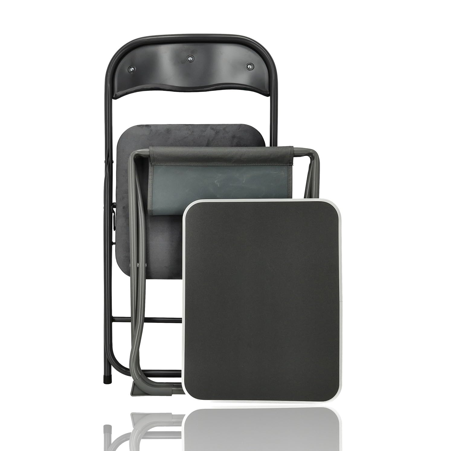 Set tavolo e sedia da campeggio grigio – Tavolo da campeggio e sgabello 2 in 1 con tavolo pieghevole, sedia pieghevole in velluto, tavolo pieghevole compatto per 1 persona, balcone, roulotte, giardino