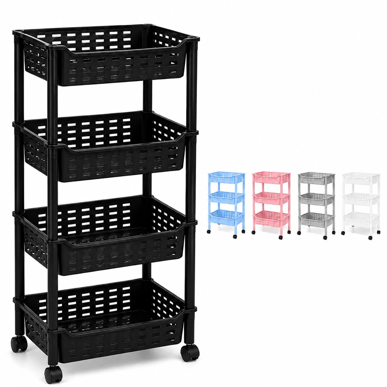 BLACK 4 Tier Rolling Storage Trolley with Wheels, Mobile Plastic Basket Organiser Cart, Multipurpose Slim Shelving Unit for Kitchen, Bathroom, Bedroom, Office and Laundry Room, Multiple Colours
