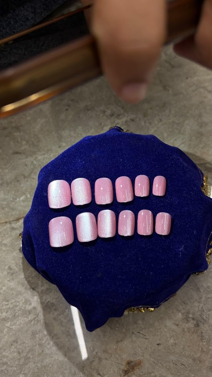 TheBlingNails | Premium Handmade Luxury Gel Nail, Light Lilac Cat Eye Shimmer Magnetic Nails (Short Square)| Acrylic Manicure| Elegant Stick -On Nail Kit for Women & Girls| Reusable Nails| Lightweight & Long Lasting| High Glossy Finish| Salon-Style Nails at Home| Crafted in our BlingNails Studio for salon quality results.-image-0