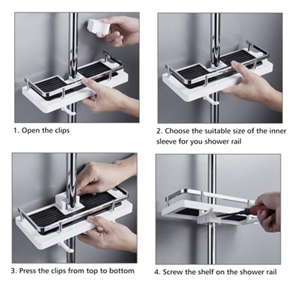 Estante de ducha elevable, estante de almacenamiento adhesivo sin taladro, fácil de instalar, soporte para barra de ducha sin perforaciones, accesorio moderno de agujero cuadrado blanco