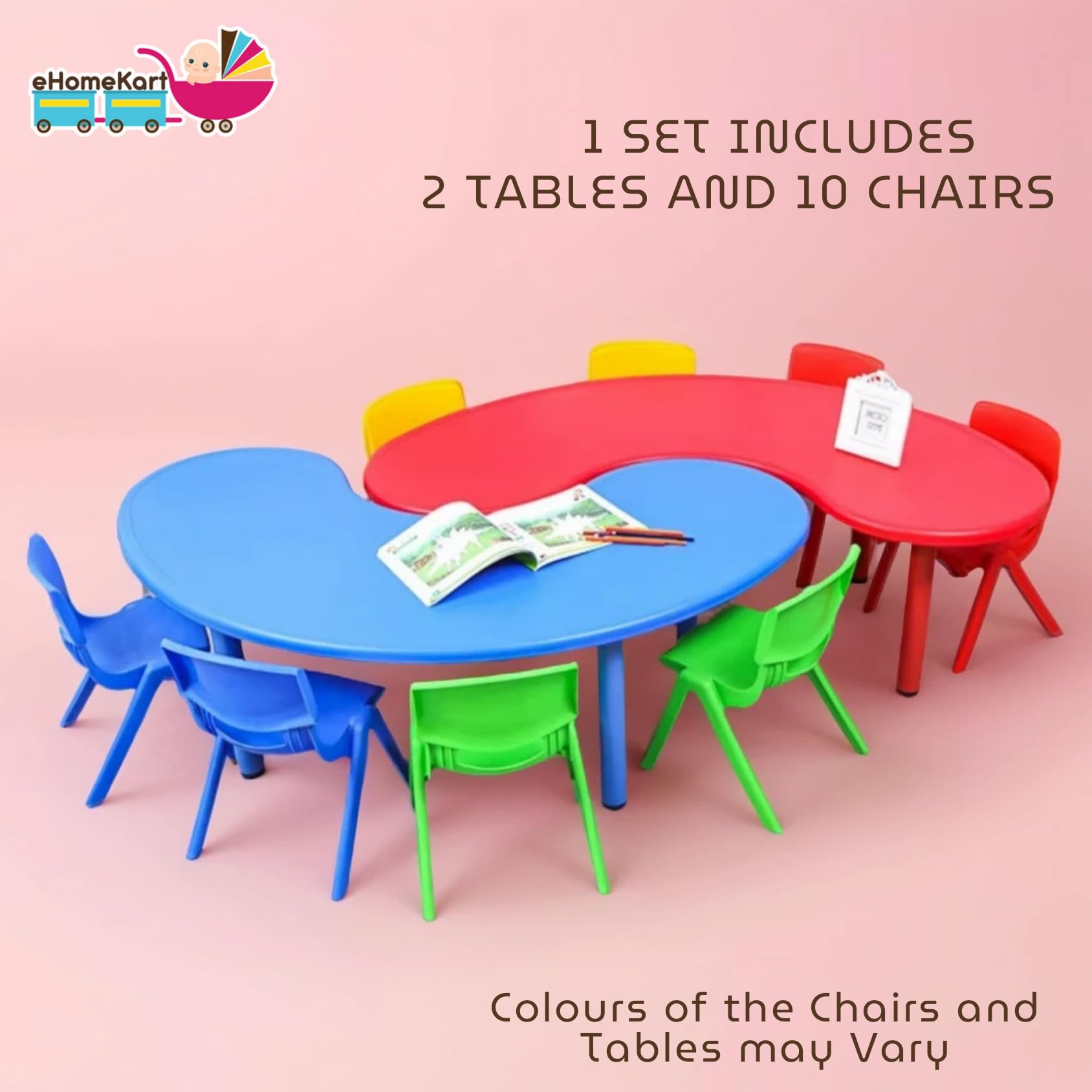 eHomeKart Kids Half-Moon Table Set of 2 with 10 Chairs – Front Round Shape, Perfect for Home Use (53 x 20 x 20 inches) for Kids with Set of 10 Chairs- Perfect Fort Home - Image 4 thumbnail