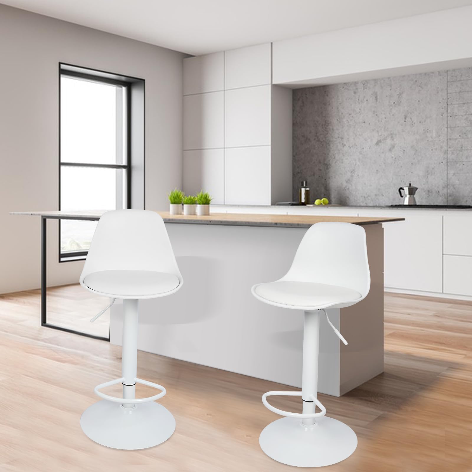 Tabouret Bar Lot de 2 Chaise de Bar Tabouret de Comptoir avec Dossier, Tabouret de Bar en Cuir synthétique,Réglable en Hauteur, Pivotant à 360°,Hauteur d'Assise 55-75cm (Blanc- 2pcs)