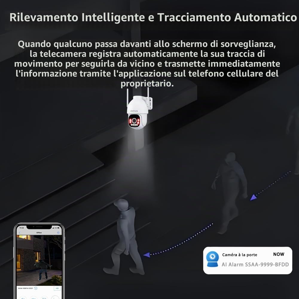 4K 8MP Telecamera Wi-Fi Esterno, 2,4/5Ghz, IP Videocamera Sorveglianza Rilevamento Persone, Auto Tracking Allarme Luce Rossa-Blu Visione Notturna a Colori 40m PTZ 2-Audio IP66 (Version 2.0)