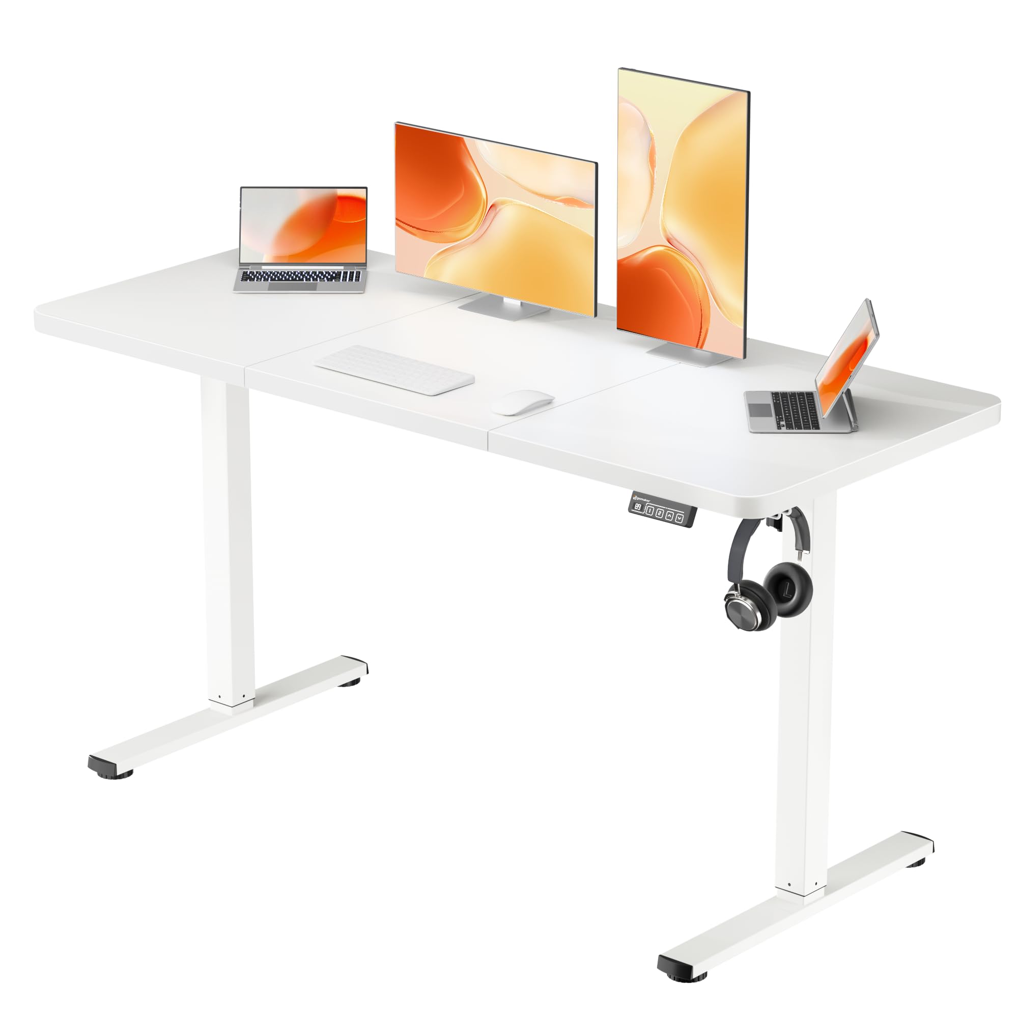 ERGOMAKER Electric Standing Desk 140x60cm (55.1"x23.6"), Height Adjustable Standing Desk with Splice Board, Stand Up Desk with Backpack Hook and Memory Smart Handset(White Frame + White Desktop) — image 1