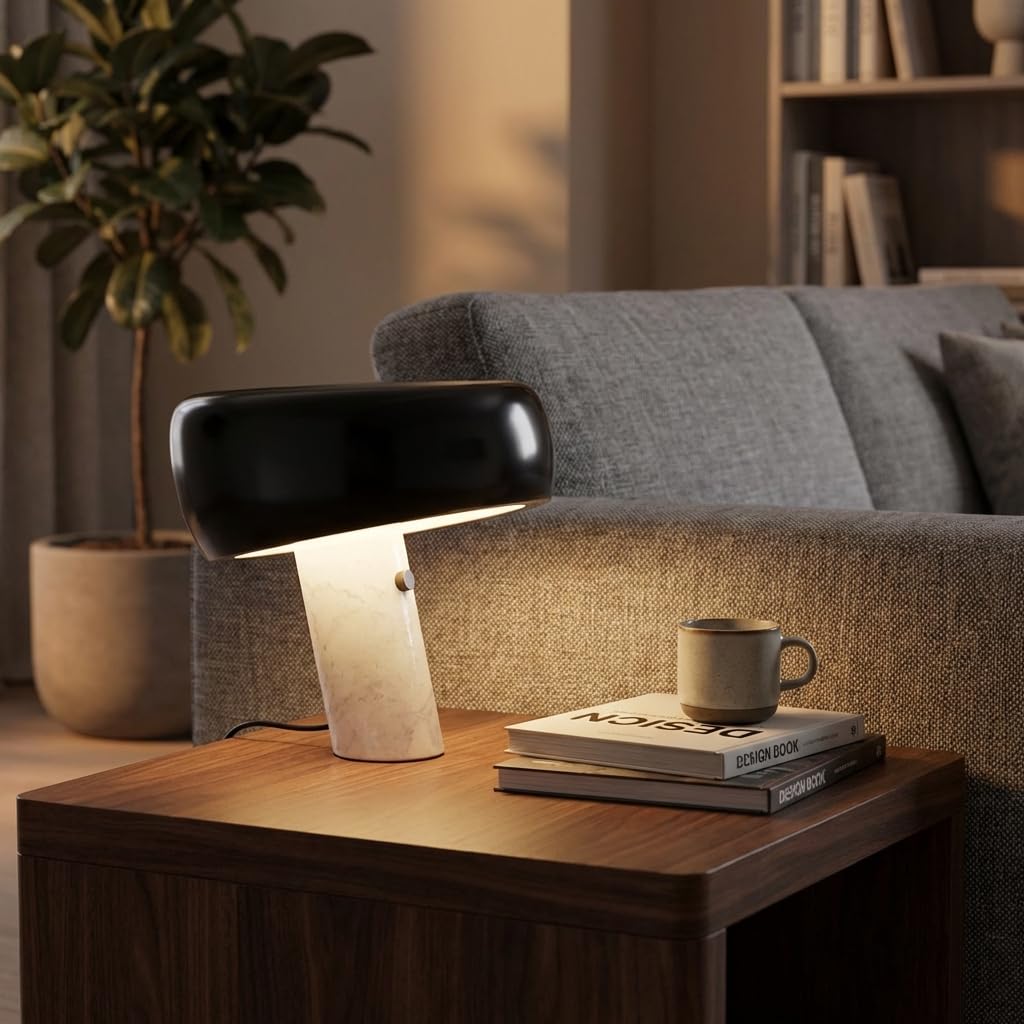 BARCELONA LED Lámpara de Mesa Moderna Negra con Base de Mármol Blanco, Diseño Clásico y Lujoso para Escritorio, Mesita de Noche o Sala, Estilo Retro y Elegante Pequeña Luz Directa E27, 28cm